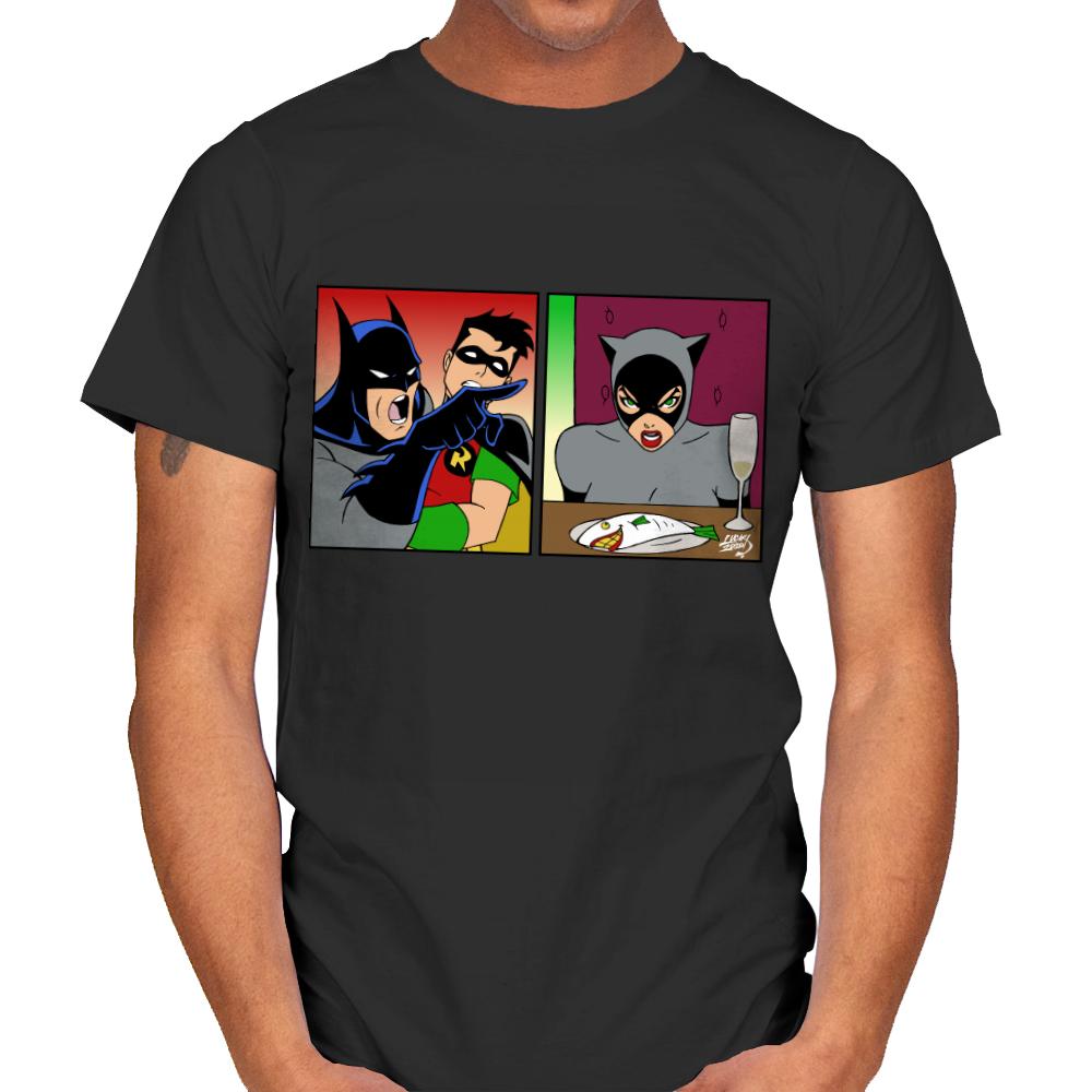 Yelling Bat At Cat meme shirt by artoflucas: Batman and Robin yelling across a table at Catwoman
